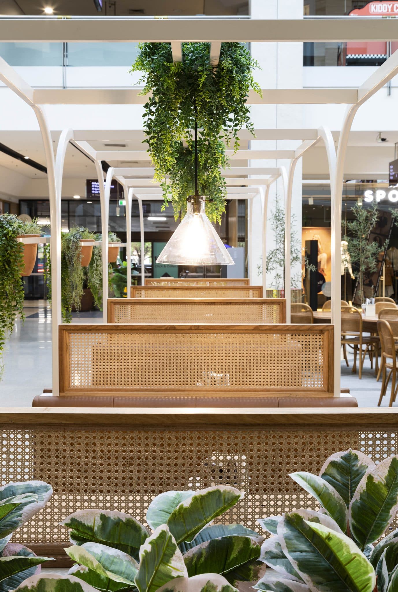 Seating area with hanging greenery and wicker backrests at Frankie B's Brunch House